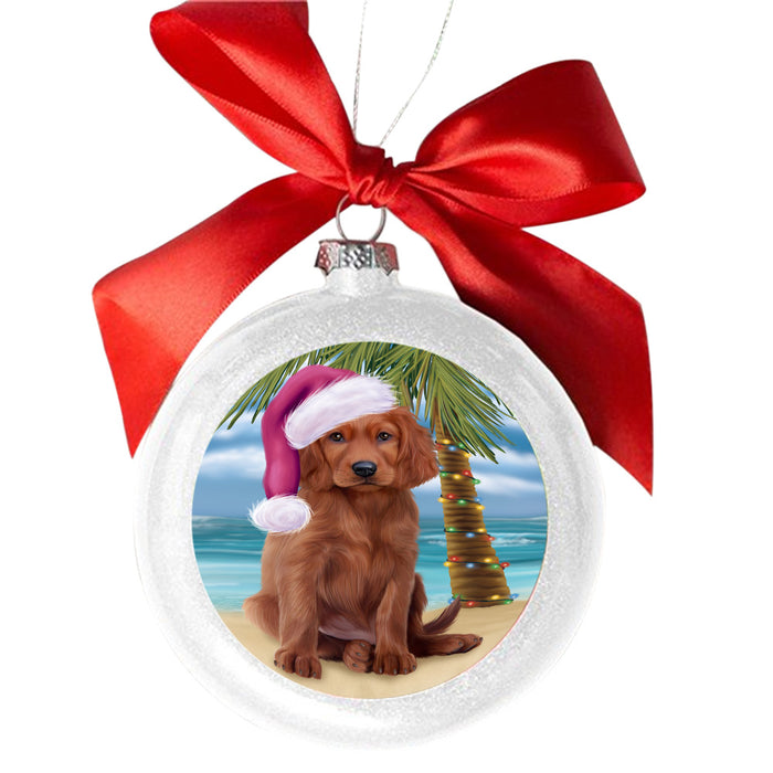 Summertime Happy Holidays Christmas Irish White Setter Dog on Tropical Island Beach White Round Ball Christmas Ornament WBSOR49378