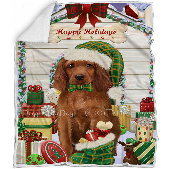 Happy Holidays Christmas Irish Red Setter Dog House with Presents Blanket BLNKT142093
