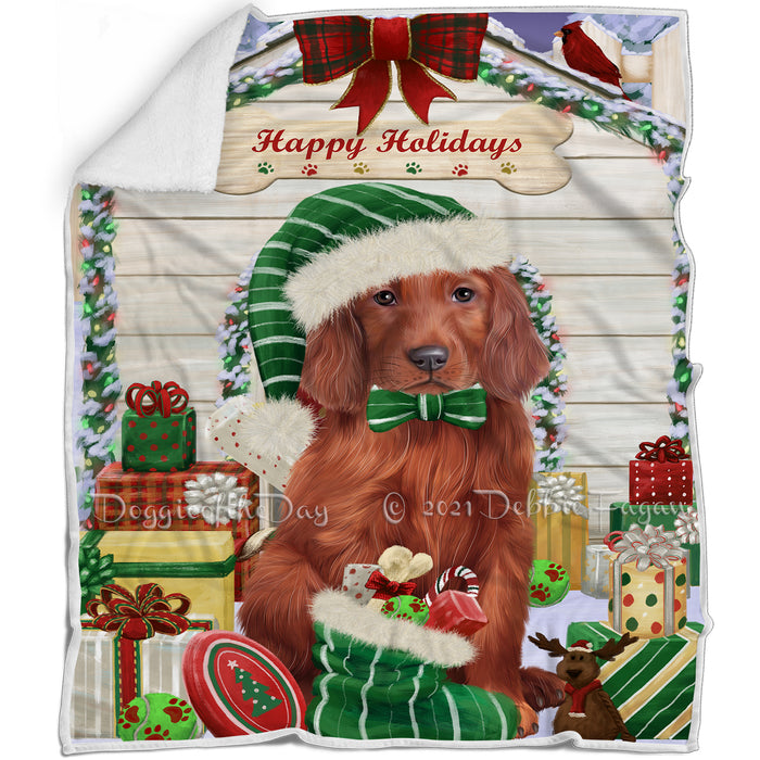 Happy Holidays Christmas Irish Red Setter Dog House with Presents Blanket BLNKT142094