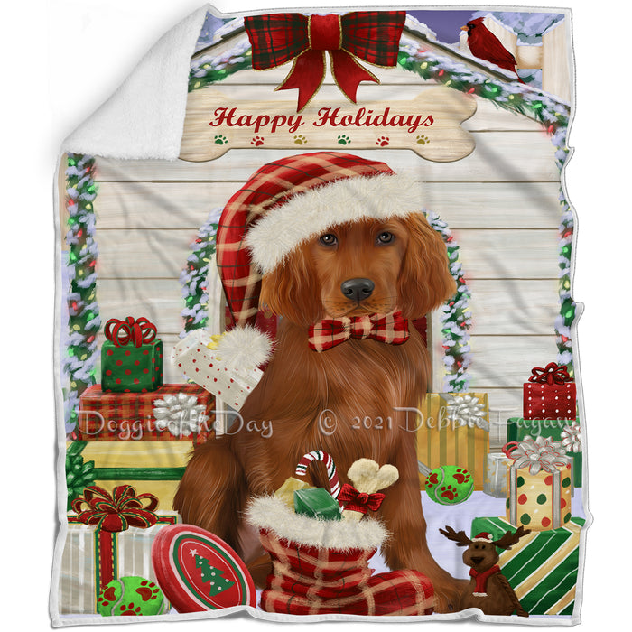 Happy Holidays Christmas Irish Red Setter Dog House with Presents Blanket BLNKT142095