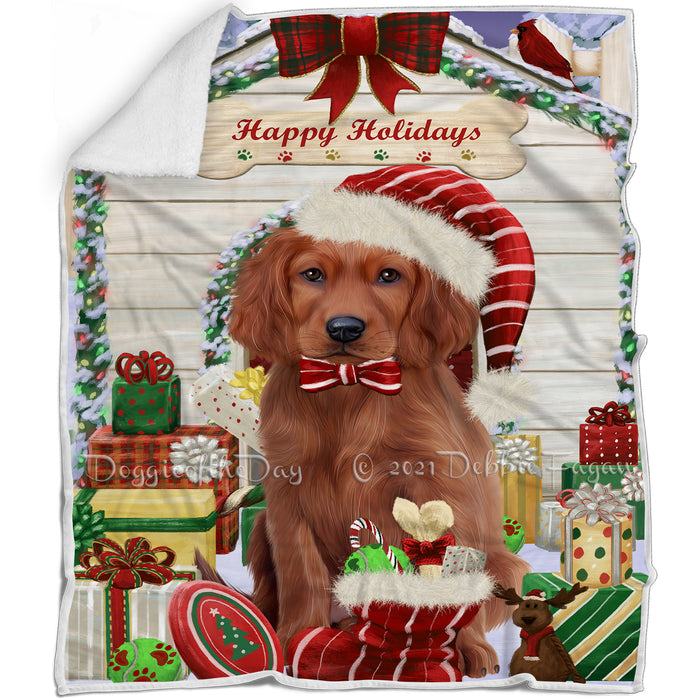 Happy Holidays Christmas Irish Red Setter Dog House with Presents Blanket BLNKT142096