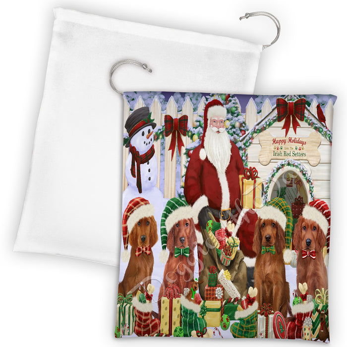 Happy Holidays Christmas Irish Red Setter Dogs House Gathering Drawstring Laundry or Gift Bag LGB48054