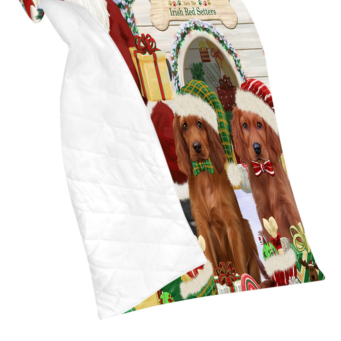 Happy Holidays Christmas Irish Red Setter Dogs House Gathering Quilt