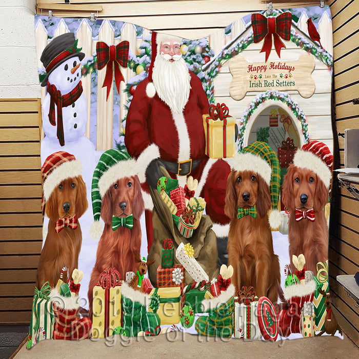 Happy Holidays Christmas Irish Red Setter Dogs House Gathering Quilt