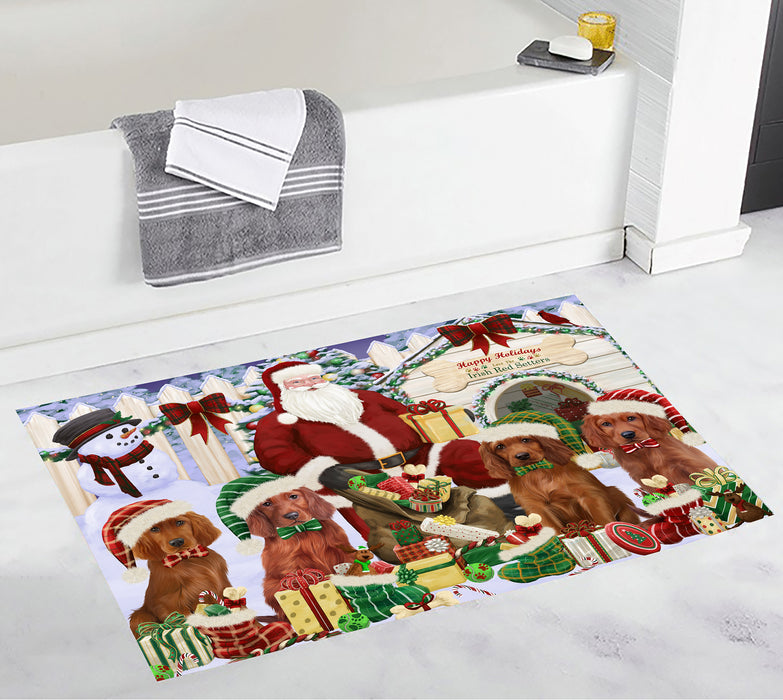 Happy Holidays Christma Irish Red Setter Dogs House Gathering Bath Mat