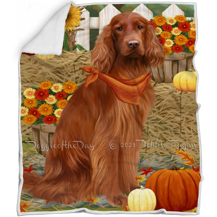 Fall Autumn Greeting Irish Setter Dog with Pumpkins Blanket BLNKT87294