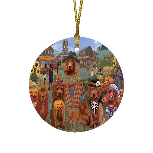 Halloween 'Round Town And Fall Pumpkin Scarecrow Both Irish Red Setter Dogs Round Flat Christmas Ornament RFPOR57408