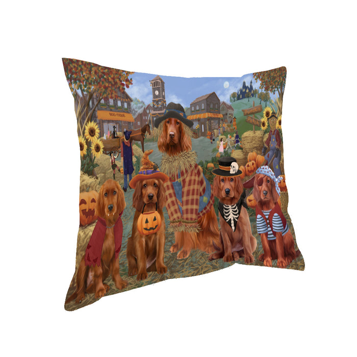 Halloween 'Round Town And Fall Pumpkin Scarecrow Both Irish Red Setter Dogs Pillow PIL82416