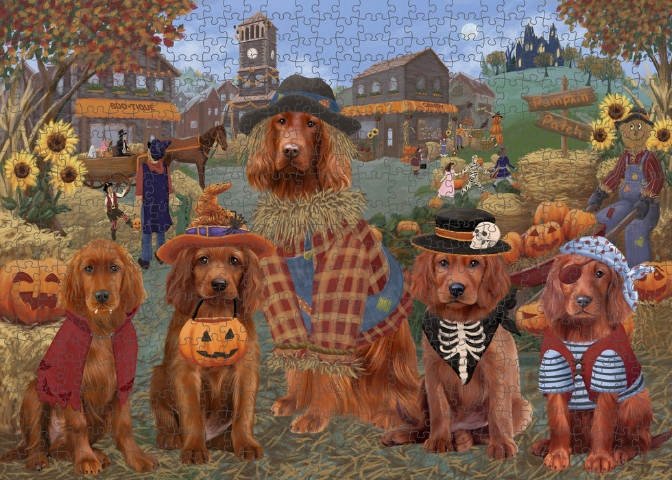 Halloween 'Round Town And Fall Pumpkin Scarecrow Both Irish Red Setter Dogs Puzzle  PUZL96324