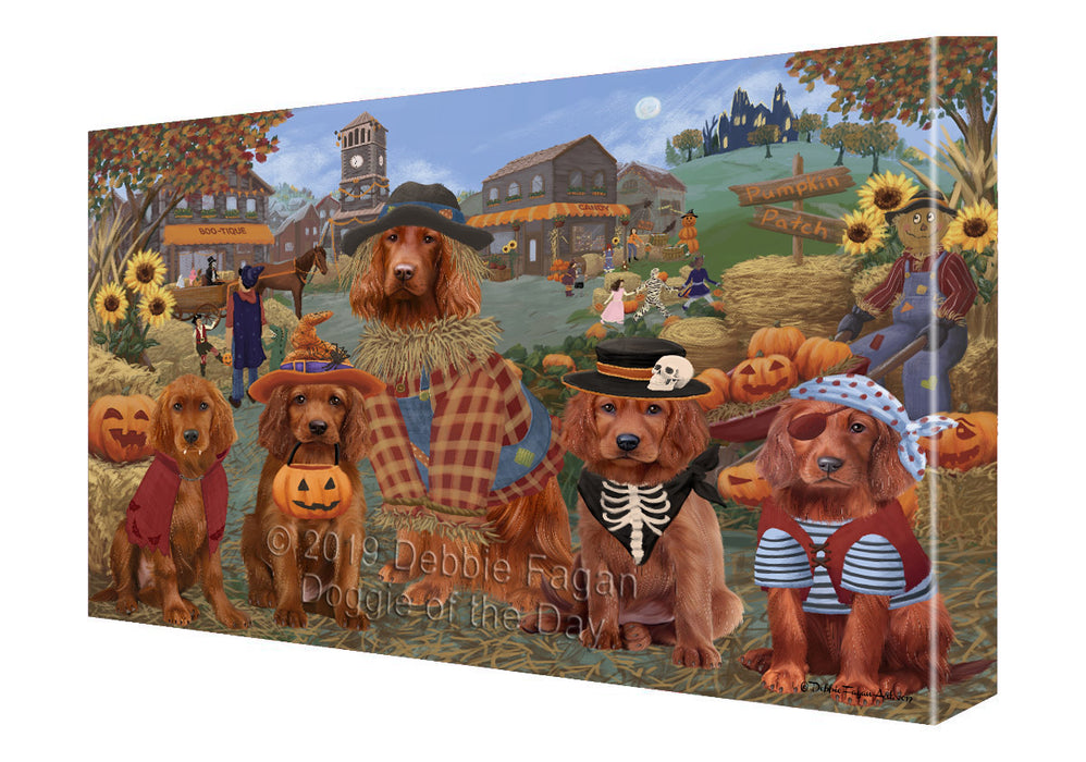 Halloween 'Round Town And Fall Pumpkin Scarecrow Both Irish Red Setter Dogs Canvas Print Wall Art Décor CVS139625