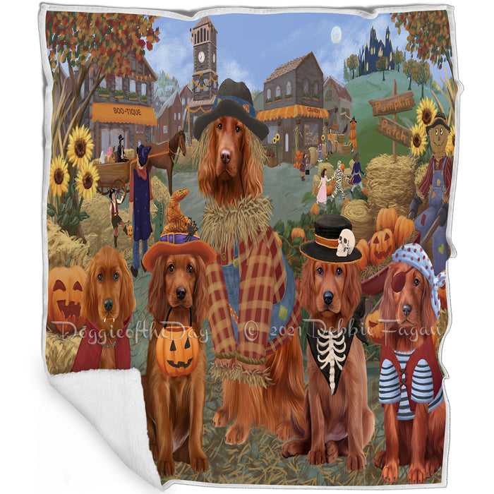 Halloween 'Round Town And Fall Pumpkin Scarecrow Both Irish Red Setter Dogs Blanket BLNKT138998