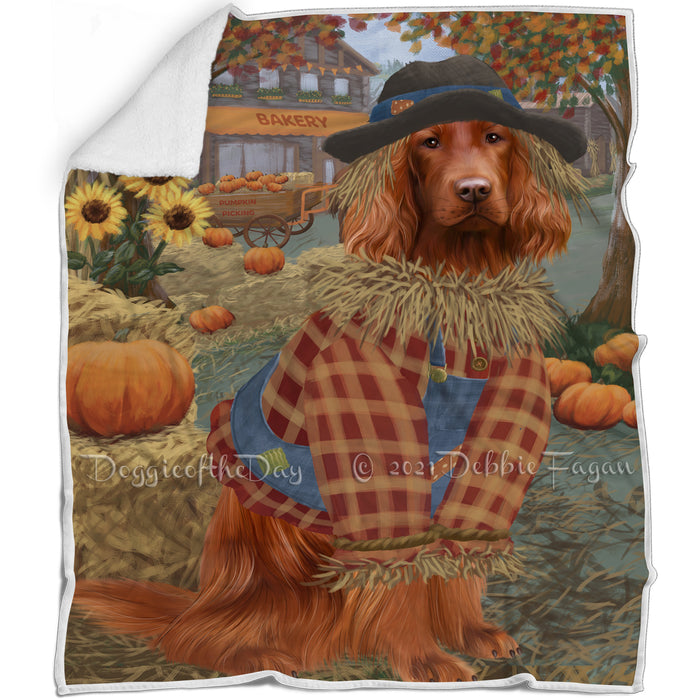 Halloween 'Round Town And Fall Pumpkin Scarecrow Both Irish Red Setter Dogs Blanket BLNKT139547