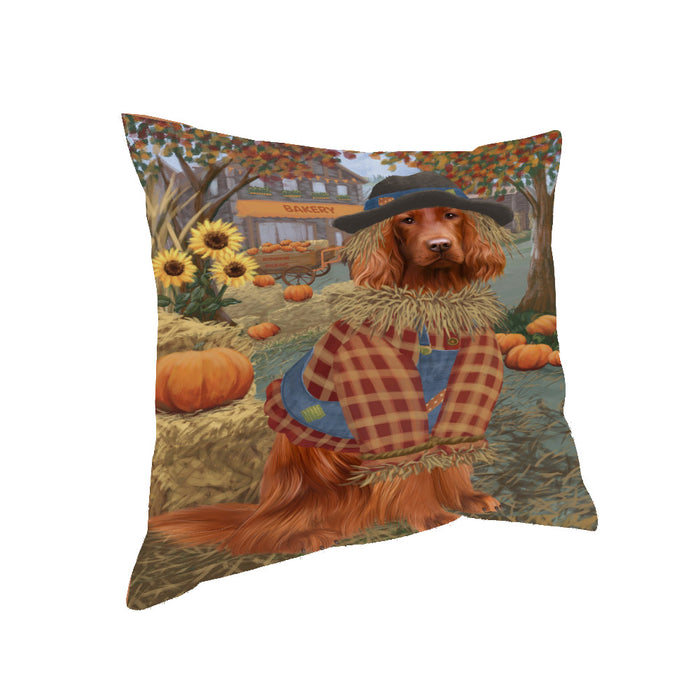 Halloween 'Round Town And Fall Pumpkin Scarecrow Both Irish Red Setter Dogs Pillow PIL82660