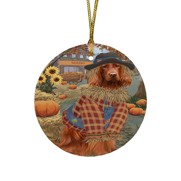 Halloween 'Round Town And Fall Pumpkin Scarecrow Both Irish Red Setter Dogs Round Flat Christmas Ornament RFPOR57469