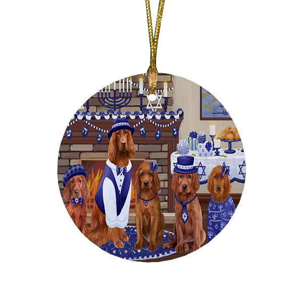 Happy Hanukkah Family and Happy Hanukkah Both Irish Red Setter Dogs Round Flat Christmas Ornament RFPOR57530