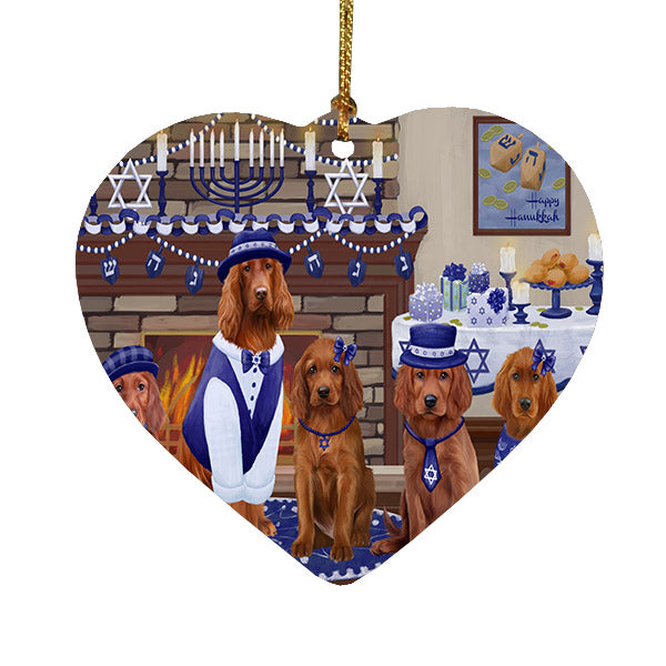 Happy Hanukkah Family Irish Red Setter Dogs Heart Christmas Ornament HPOR57626