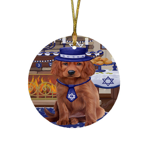 Happy Hanukkah Family and Happy Hanukkah Both Irish Red Setter Dog Round Flat Christmas Ornament RFPOR57586