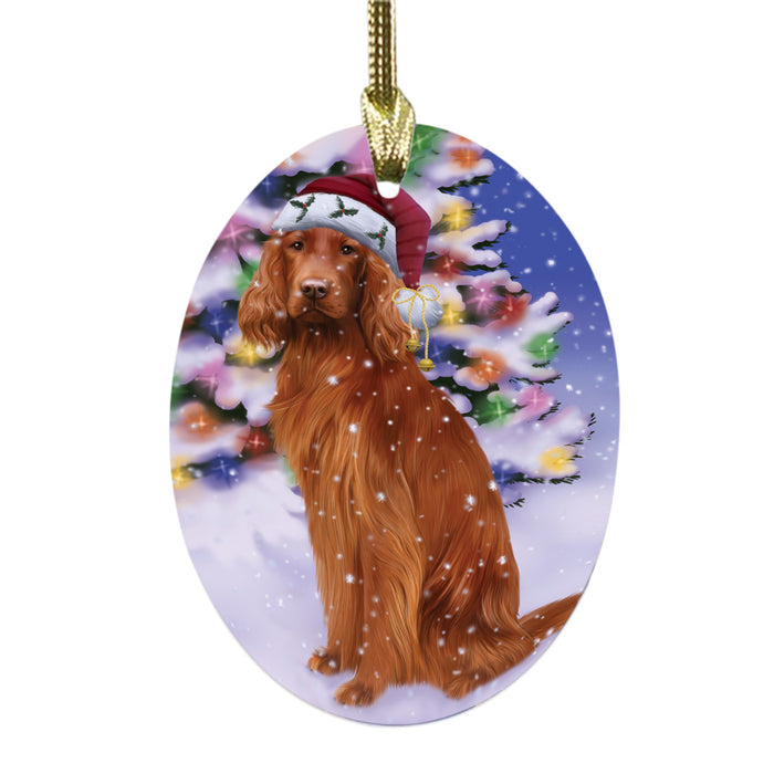 Winterland Wonderland Irish Red Setter Dog In Christmas Holiday Scenic Background Oval Glass Christmas Ornament OGOR49590