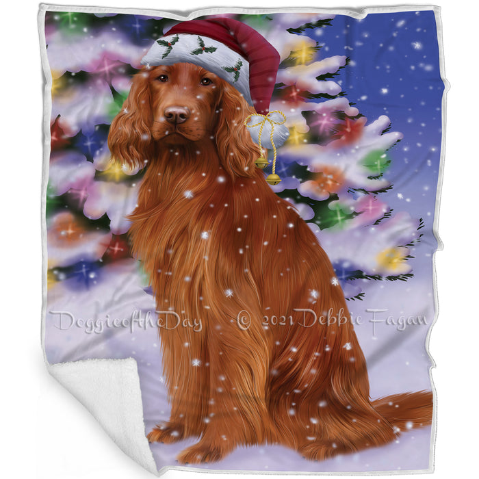 Winterland Wonderland Irish Setter Dog In Christmas Holiday Scenic Background Blanket BLNKT101199