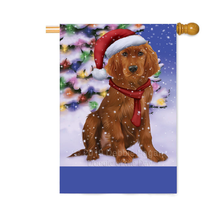 Personalized Winterland Wonderland Irish Red Setter Dog In Christmas Holiday Scenic Background Custom House Flag FLG-DOTD-A61385