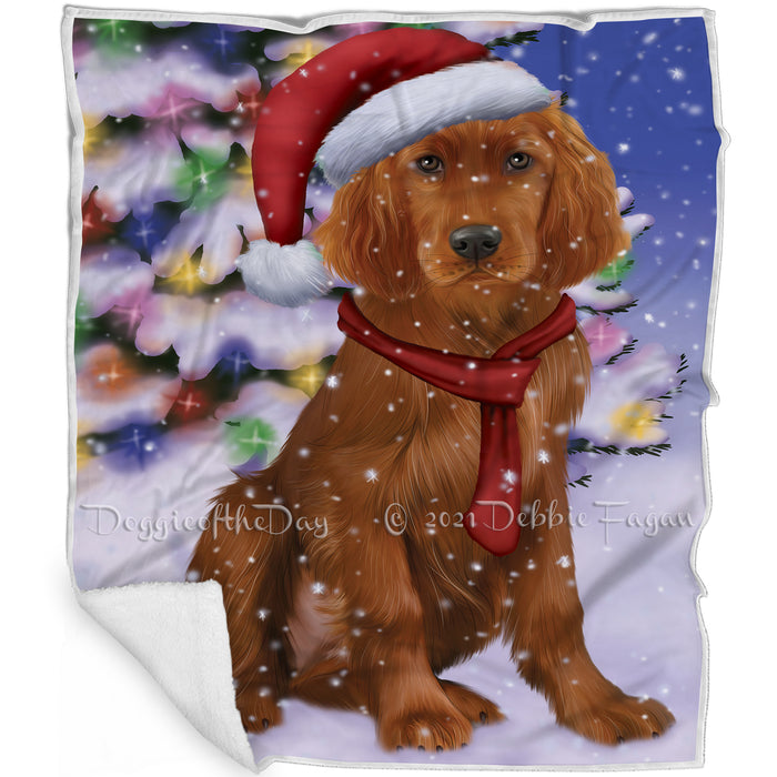 Winterland Wonderland Irish Setter Dog In Christmas Holiday Scenic Background Blanket BLNKT101208