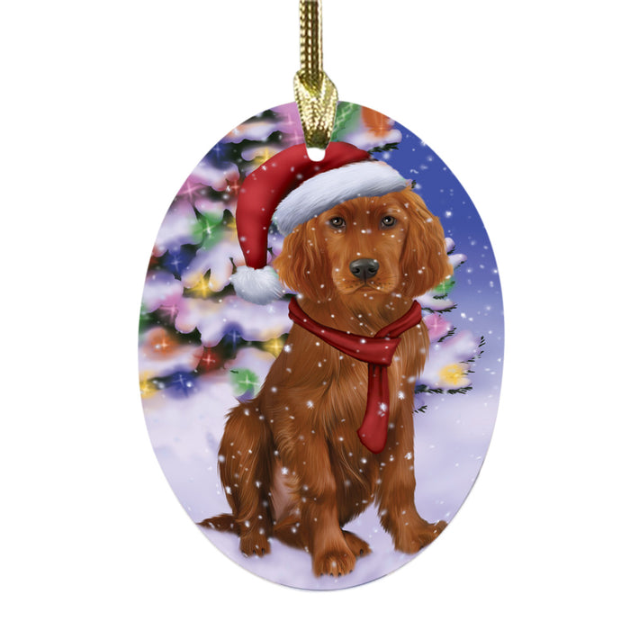 Winterland Wonderland Irish Red Setter Dog In Christmas Holiday Scenic Background Oval Glass Christmas Ornament OGOR49591