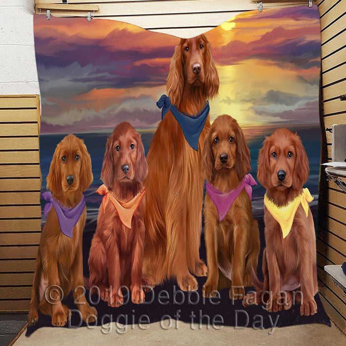 Family Sunset Portrait Irish Red Setter Dogs Quilt