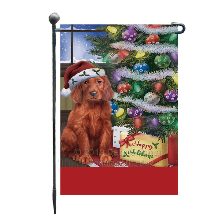 Personalized Christmas Happy Holidays Irish Red Setter Dog with Tree and Presents Custom Garden Flags GFLG-DOTD-A58639