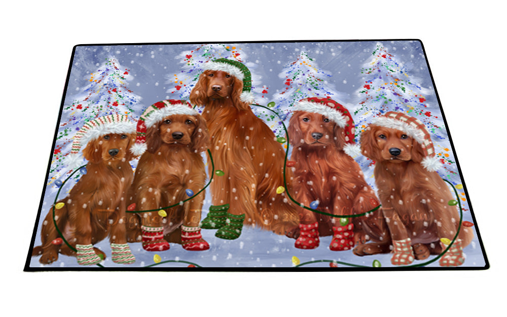 Christmas Lights and Irish Red Setter Dogs Floor Mat- Anti-Slip Pet Door Mat Indoor Outdoor Front Rug Mats for Home Outside Entrance Pets Portrait Unique Rug Washable Premium Quality Mat