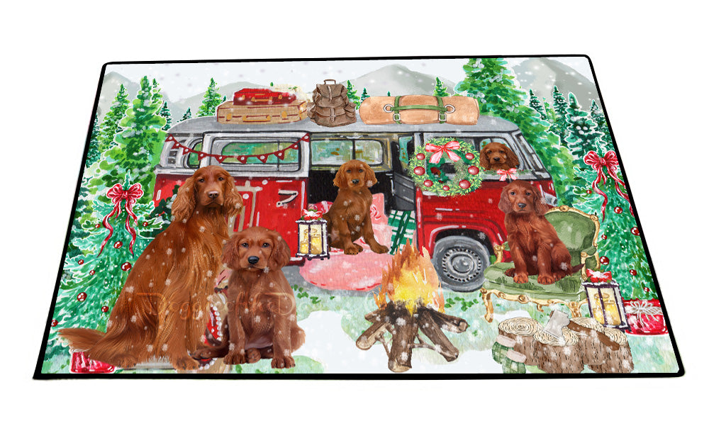 Christmas Time Camping with Irish Red Setter Dogs Floor Mat- Anti-Slip Pet Door Mat Indoor Outdoor Front Rug Mats for Home Outside Entrance Pets Portrait Unique Rug Washable Premium Quality Mat
