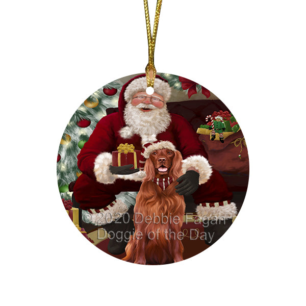 Santa's Christmas Surprise Irish Red Setter Dog Round Flat Christmas Ornament RFPOR58034