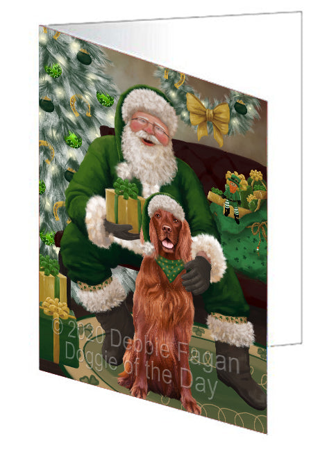 Christmas Irish Santa with Gift and Irish Red Setter Dog Handmade Artwork Assorted Pets Greeting Cards and Note Cards with Envelopes for All Occasions and Holiday Seasons GCD75878