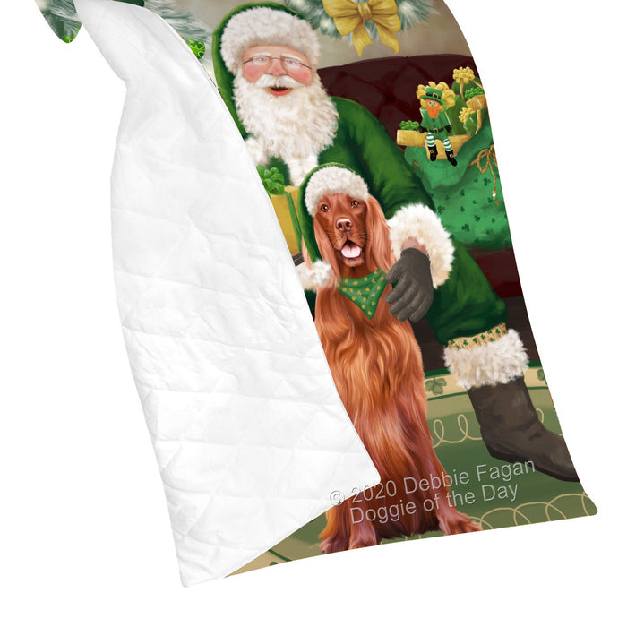 Christmas Irish Santa with Gift and Irish Red Setter Dog Quilt Bed Coverlet Bedspread - Pets Comforter Unique One-side Animal Printing - Soft Lightweight Durable Washable Polyester Quilt