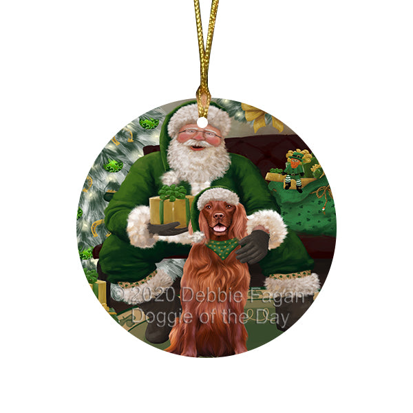 Christmas Irish Santa with Gift and Siberian Husky Dog Round Flat Christmas Ornament RFPOR57934