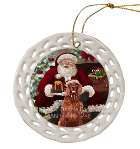 Santa's Christmas Surprise Irish Red Setter Dog Doily Ornament DPOR59596
