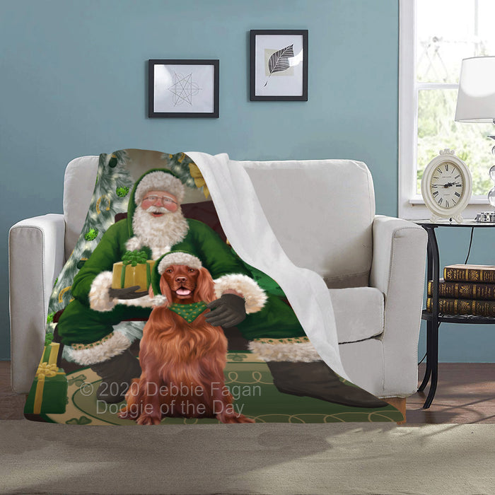 Christmas Irish Santa with Gift and Irish Red Setter Dog Blanket BLNKT141388