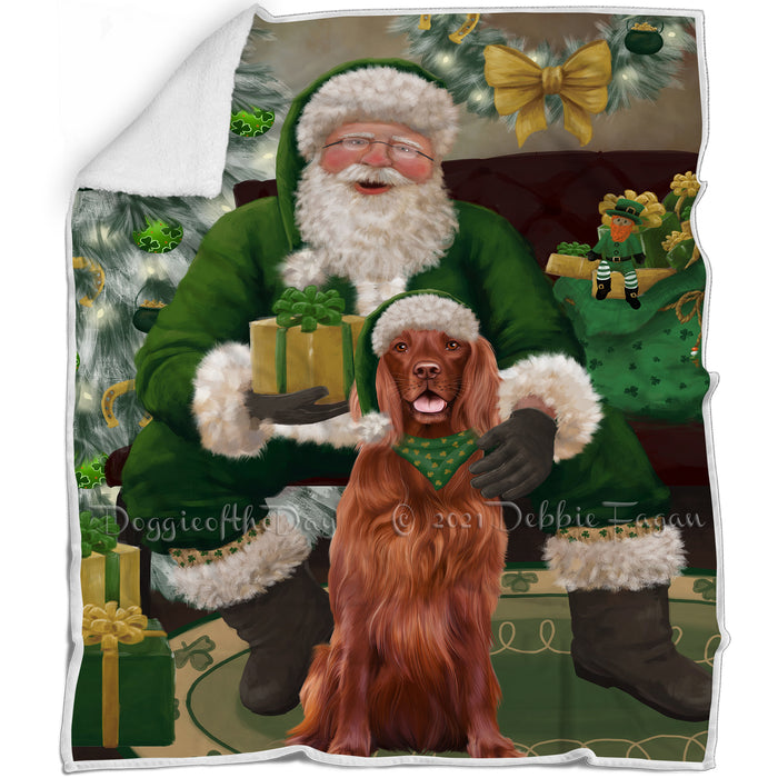 Christmas Irish Santa with Gift and Irish Red Setter Dog Blanket BLNKT141388