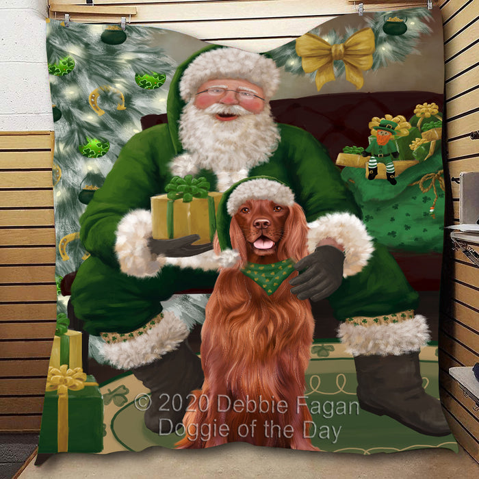 Christmas Irish Santa with Gift and Irish Red Setter Dog Quilt Bed Coverlet Bedspread - Pets Comforter Unique One-side Animal Printing - Soft Lightweight Durable Washable Polyester Quilt