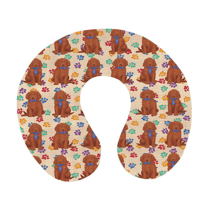 Rainbow Paw Print Irish Red Setter Dogs Blue U-Shape Travel Pillow