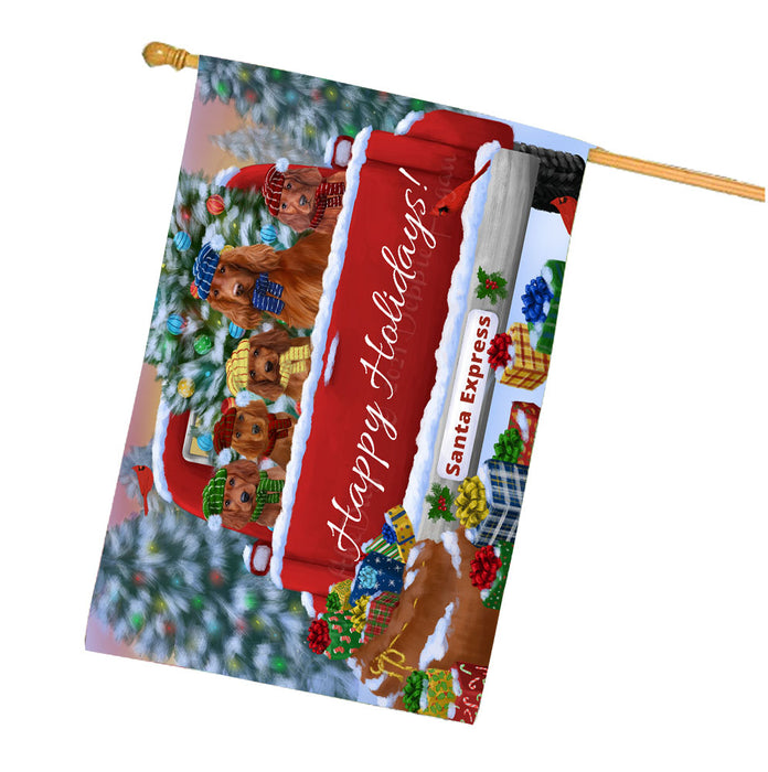 Christmas Red Truck Travlin Home for the Holidays Irish Red Setter Dogs House Flag Outdoor Decorative Double Sided Pet Portrait Weather Resistant Premium Quality Animal Printed Home Decorative Flags 100% Polyester