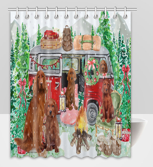 Christmas Time Camping with Irish Red Setter Dogs Shower Curtain Pet Painting Bathtub Curtain Waterproof Polyester One-Side Printing Decor Bath Tub Curtain for Bathroom with Hooks