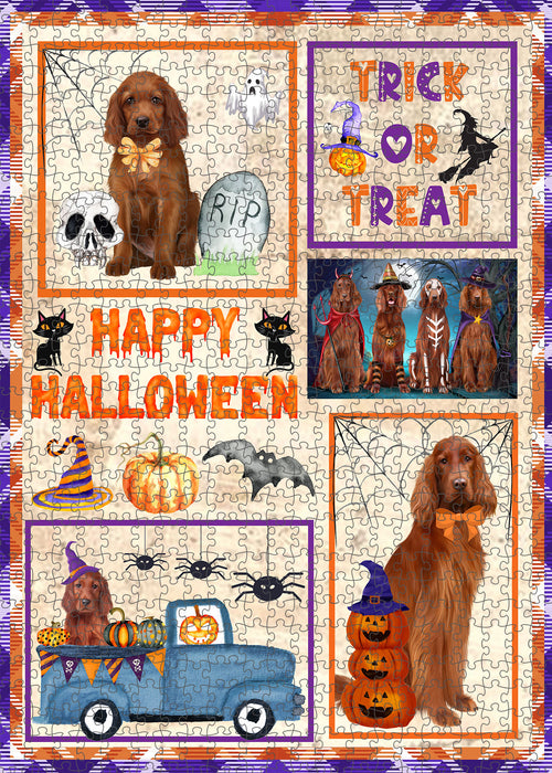 Happy Halloween Trick or Treat Irish Red Setter Dogs Portrait Jigsaw Puzzle for Adults Animal Interlocking Puzzle Game Unique Gift for Dog Lover's with Metal Tin Box