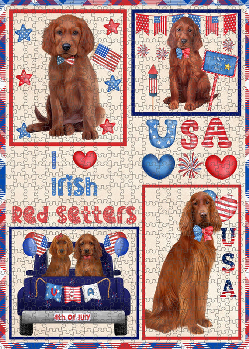 4th of July Independence Day I Love USA Irish Red Setter Dogs Portrait Jigsaw Puzzle for Adults Animal Interlocking Puzzle Game Unique Gift for Dog Lover's with Metal Tin Box