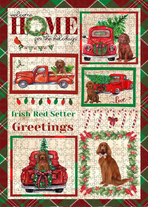 Welcome Home for Christmas Holidays Irish Red Setter Dogs Portrait Jigsaw Puzzle for Adults Animal Interlocking Puzzle Game Unique Gift for Dog Lover's with Metal Tin Box