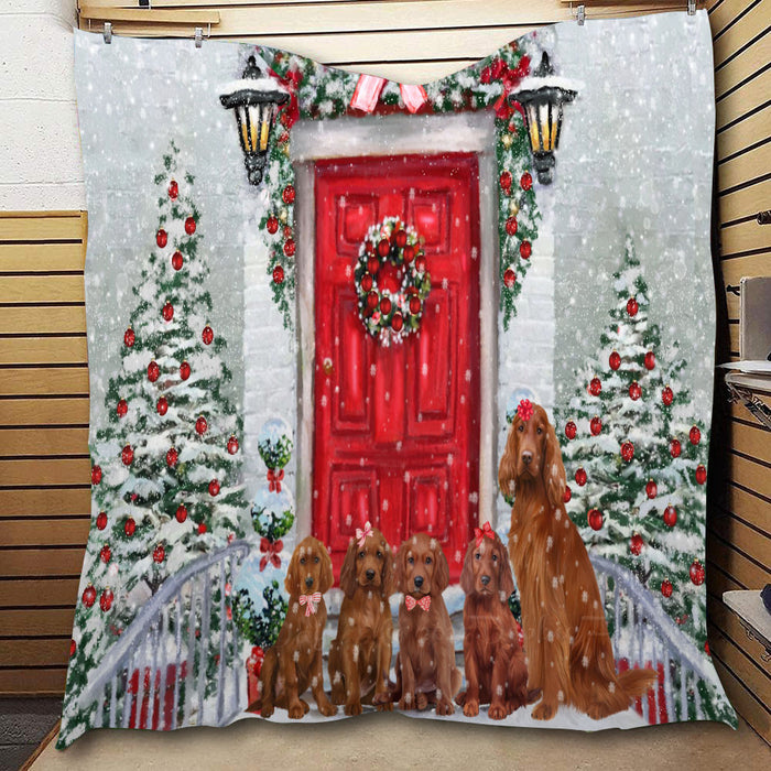 Christmas Holiday Welcome Irish Red Setter Dogs  Quilt Bed Coverlet Bedspread - Pets Comforter Unique One-side Animal Printing - Soft Lightweight Durable Washable Polyester Quilt