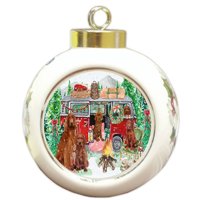 Christmas Time Camping with Irish Red Setter Dogs Round Ball Christmas Ornament Pet Decorative Hanging Ornaments for Christmas X-mas Tree Decorations - 3" Round Ceramic Ornament