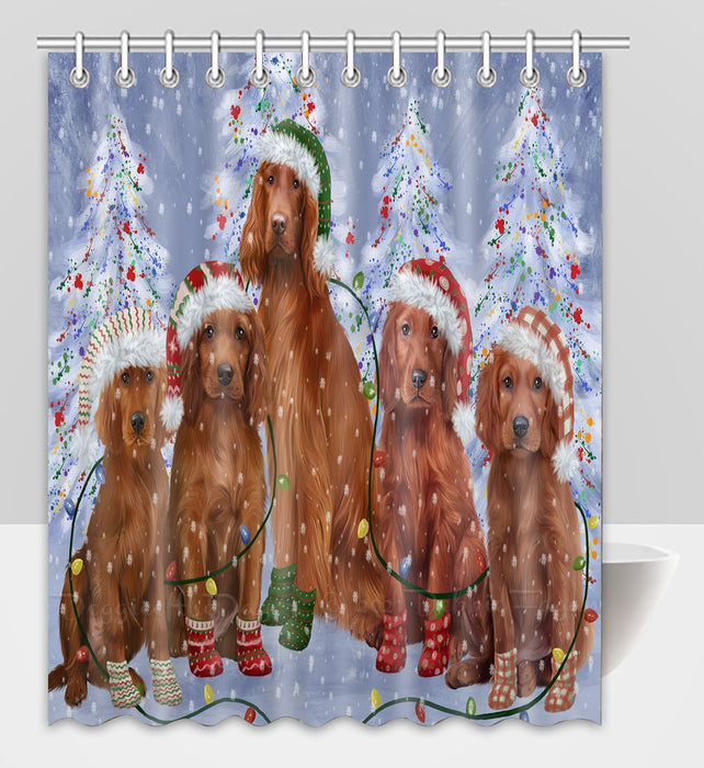 Christmas Lights and Irish Red Setter Dogs Shower Curtain Pet Painting Bathtub Curtain Waterproof Polyester One-Side Printing Decor Bath Tub Curtain for Bathroom with Hooks