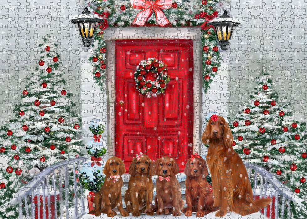 Christmas Holiday Welcome Irish Red Setter Dogs Portrait Jigsaw Puzzle for Adults Animal Interlocking Puzzle Game Unique Gift for Dog Lover's with Metal Tin Box