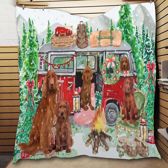 Christmas Time Camping with Irish Red Setter Dogs  Quilt Bed Coverlet Bedspread - Pets Comforter Unique One-side Animal Printing - Soft Lightweight Durable Washable Polyester Quilt