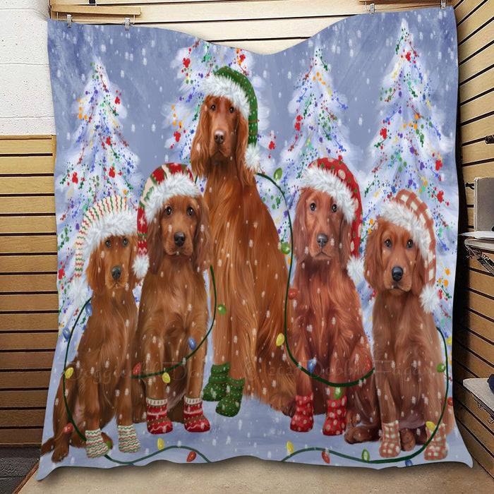 Christmas Lights and Irish Red Setter Dogs  Quilt Bed Coverlet Bedspread - Pets Comforter Unique One-side Animal Printing - Soft Lightweight Durable Washable Polyester Quilt